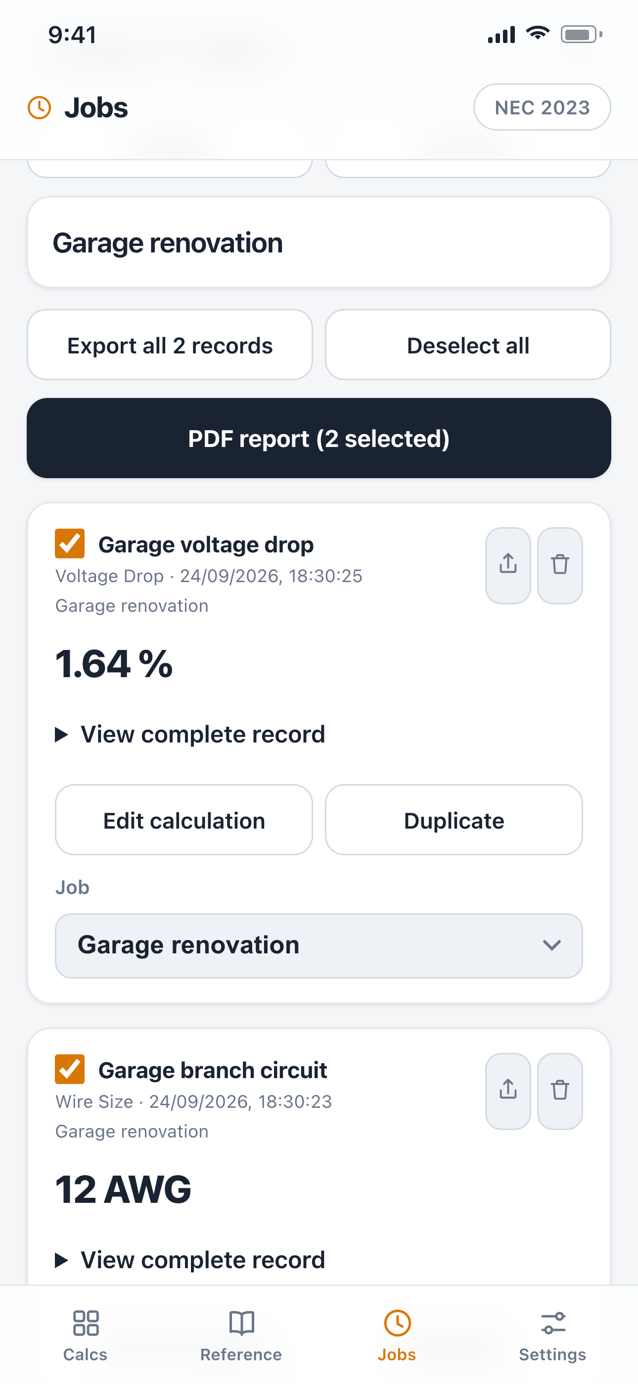 Wireman Jobs showing Garage renovation, two saved calculations, Edit calculation and Duplicate actions, and a PDF report button