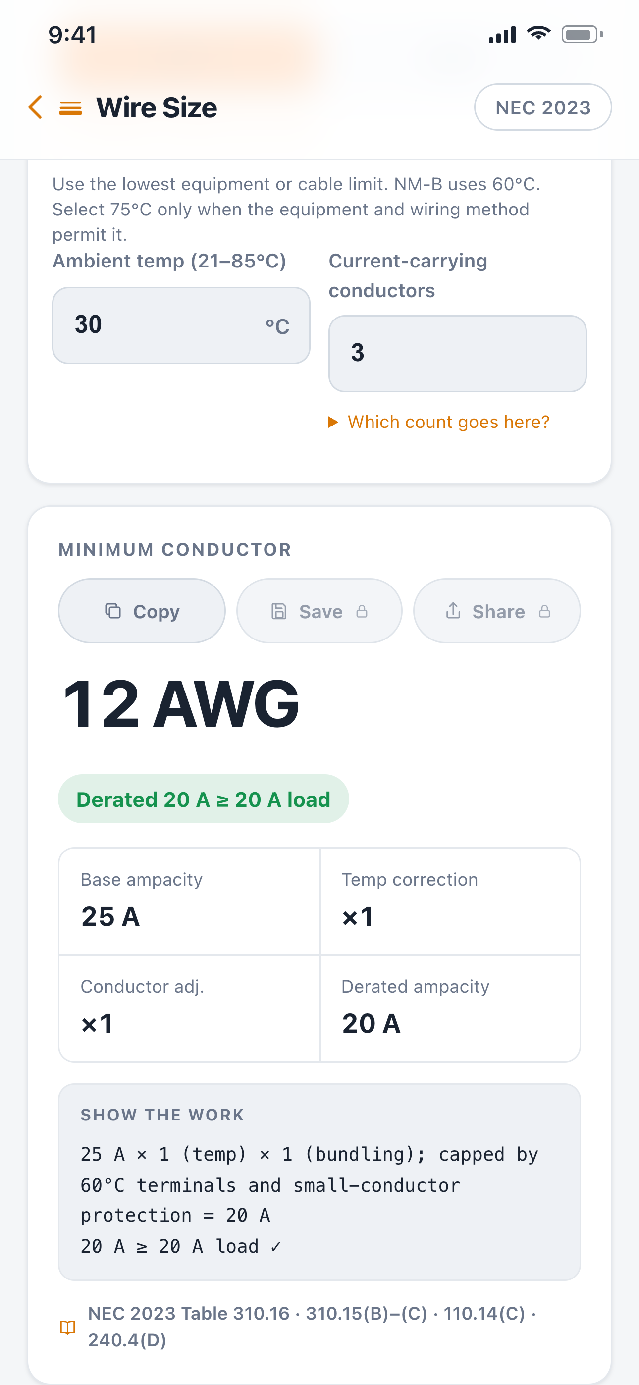 Wireman Wire Size calculator showing a 20 amp copper circuit and a 12 AWG result